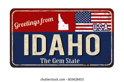 Greetings from Idaho vintage rusty metal sign on a white background, vector illustration