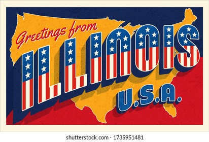 Greetings from Illinois, USA. Retro style postcard with patriotic stars and stripes lettering and United States map in the background. Vector illustration.