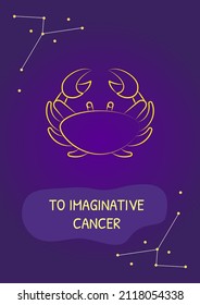 Greetings to imaginative cancer postcard with linear glyph icon. Greeting card with decorative vector design. Simple style poster with creative lineart illustration. Flyer with holiday wish