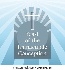 Greetings "Immaculate Conception Party" on blue background and shape rays. Immaculate Conception Day posters, banners, etc.