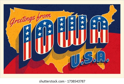 Greetings from Iowa USA. Retro postcard with patriotic stars and stripes lettering and United States map in the background. Vector illustration.