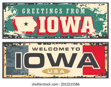 Greetings from Iowa vintage tin sign layout. Sticker label design template Iowa USA. Vector retro illustration. Travel and vacation souvenir or post card.