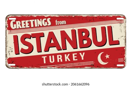 Greetings from Istanbul vintage rusty metal plate on a white background, vector illustration