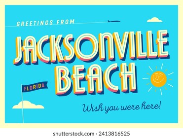 Grüße von Jacksonville Beach, Florida, USA - wünscht, ihr seid hier! - touristische Postkarte. Vektorgrafik.	