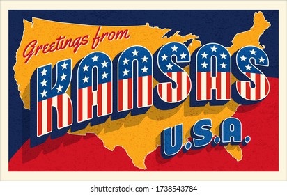 Greetings from Kansas USA. Retro postcard with patriotic stars and stripes lettering and United States map in the background. Vector illustration.