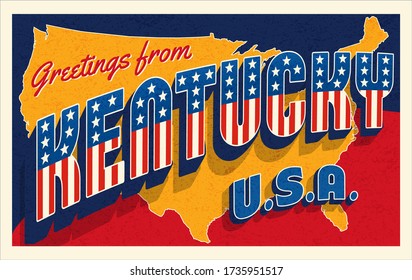 Greetings from Kentucky USA. Retro style postcard with patriotic stars and stripes lettering and United States map in the background. Vector illustration.