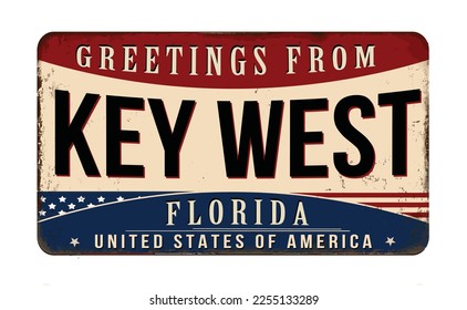 Greetings from Key West vintage rusty metal sign on a white background, vector illustration