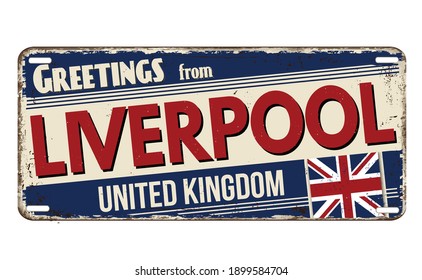 Greetings from Liverpool vintage rusty metal plate on a white background, vector illustration