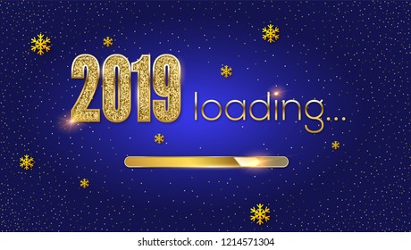 Greetings with Loading New Year 2019. Golden load bar, snowflakes and glittering text. Greetings with design of text from golden dust. Vector illustration, eps10.