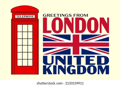 Greetings from London United Kingdom with the Union Jack flat and a red telephone booth