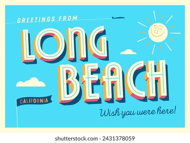 Greetings from Long Beach, California, USA - Wish you were here! - Touristic Postcard. Vector EPS10.