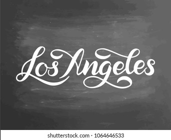 Greetings from Los Angeles, USA. Typography poster, lettering design. Hand drawn brush calligraphy, text for t-shirt, post card, poster. Vector illustration. Chalkboard textured background