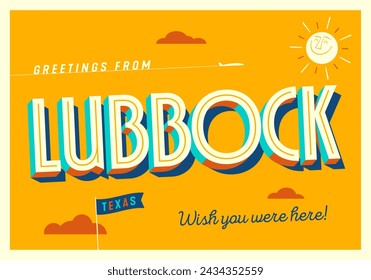 Greetings from Lubbock, Texas, USA - Wish you were here! - Touristic Postcard. Vector EPS10.