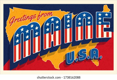 Greetings from Maine USA. Retro postcard with patriotic stars and stripes lettering and United States map in the background. Vector illustration.