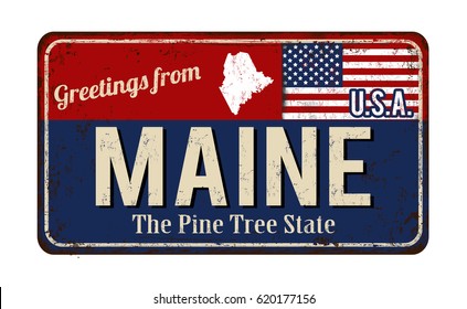 Greetings from Maine vintage rusty metal sign on a white background, vector illustration