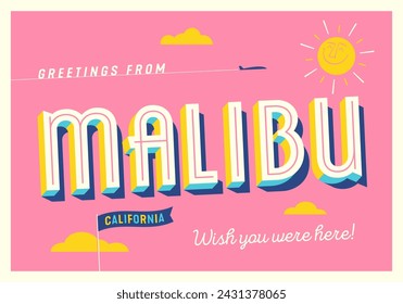 Greetings from Malibu, California, USA - Wish you were here! - Touristic Postcard. Vector EPS10.