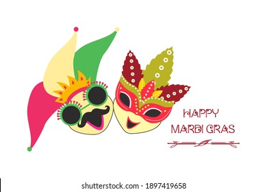 greetings to mardi gras party. comedy funny cartoon masks holiday mardi gras fatty Tuesday , carnival, festival. Vector isolated on white background. For greeting card, banner, gift packaging, poster.