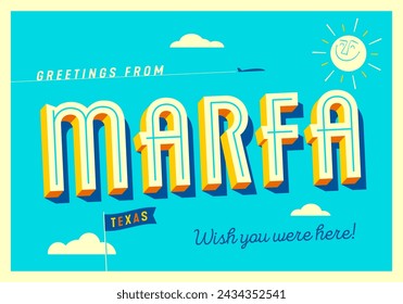 Greetings from Marfa, Texas, USA - Wish you were here! - Touristic Postcard. Vector EPS10.