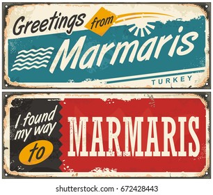 Greetings from Marmaris Turkey retro tin signs set. Vintage souvenirs from Marmaris, on of the top destinations to visit in Turkey. Vector art.