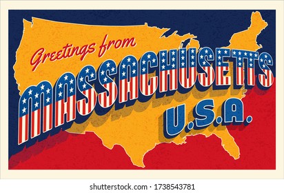 Greetings from Massachusetts USA. Retro postcard with patriotic stars and stripes lettering and United States map in the background. Vector illustration.