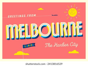 Greetings from Melbourne, Florida, USA - The Harbor City - Touristic Postcard. Vector Illustration.	