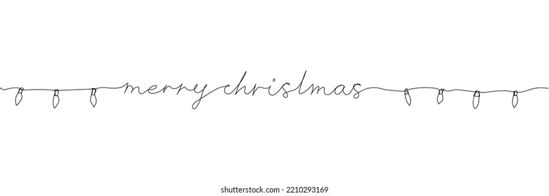 Greetings Merry Christmas with retro LED garland, lettering one line art. Continuous line drawing of new year holidays, new year, congratulations, weekend, greetings, festive atmosphere, handwritten.