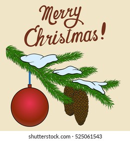 Greetings - Merry Christmas! Stock Photo - branch of fir with cones and ball.