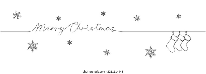 Greetings Merry Christmas with Christmas stockings and snowflakes, lettering one line art. Continuous line drawing of new year holidays, congratulations, weekend, festive atmosphere, handwritten.