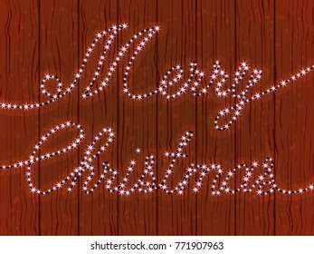 Greetings merry Christmas, a wooden wall with a garland of glowing lights. Vector illustration.