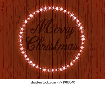 Greetings merry Christmas, a wooden wall with a frame in the form of a garland of glowing lights. Vector illustration.