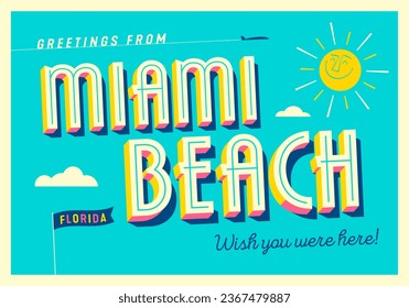 Greetings from Miami Beach, Florida, USA - Wish you were here! - Touristic Postcard. Vector EPS10 Illustration.