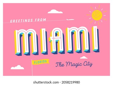 Greetings from Miami, Florida - The Magic City - Touristic Postcard - EPS 10.