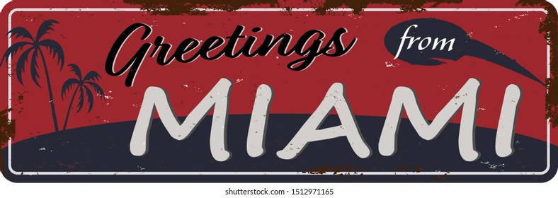 Greetings from Miami vintage rusty metal sign on a white background, vector illustration