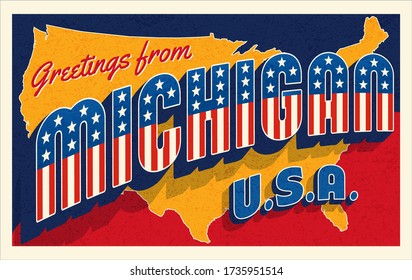 Greetings from Michigan USA. Retro postcard with patriotic stars and stripes lettering and United States map in the background. Vector illustration.