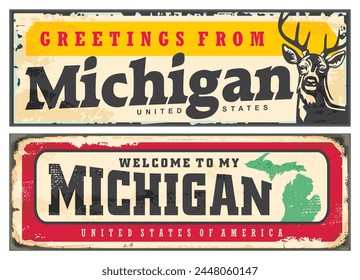 Greetings from Michigan vintage card souvenir template with deer graphic and creative typography. Retro signs set Michigan United States. Travel and vacation vector illustration.