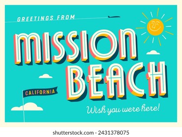 Greetings from Mission Beach, California, USA - Wish you were here! - Touristic Postcard. Vector EPS10.