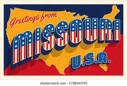 Greetings from Missouri USA. Retro postcard with patriotic stars and stripes lettering and United States map in the background. Vector illustration.