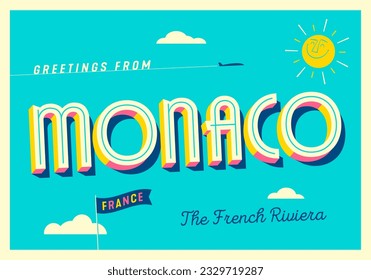 Greetings from Monaco, Côte d'Azur, France - The French Riviera - Touristic Postcard - EPS10