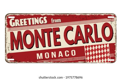 Greetings from Monte Carlo vintage rusty metal plate on a white background, vector illustration