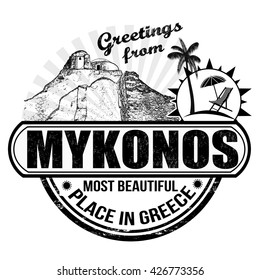 Greetings from Mykonos, stamp or label on white background, vector illustration