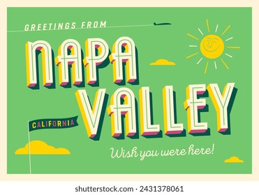 Saludos desde Napa Valley, California, USA - ¡Desearía que estuvieras aquí! - Postal turística. Vector EPS10.