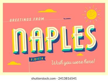 Greetings from Naples, Florida, USA - Wish you were here! - Touristic Postcard. Vector Illustration.	