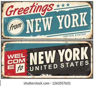 Greetings from New York America retro metal souvenir print design layout. Welcome to New York vintage tin sign template. Americana vector illustration.