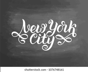 Greetings from New York City, USA. Typography poster, lettering design. Hand drawn brush calligraphy, text for t-shirt, post card, poster. Vector illustration. Chalkboard textured background