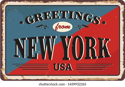 Greetings from New York vintage rusty metal sign on a white background, vector illustration