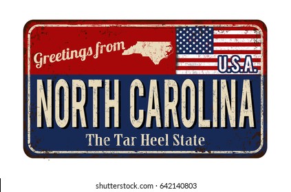 Greetings from North Carolina vintage rusty metal sign on a white background, vector illustration