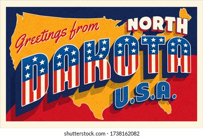 Greetings from North Dakota USA. Retro postcard with patriotic stars and stripes lettering and United States map in the background. Vector illustration.