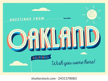 Greetings from Oakland, California, USA - Wish you were here! - Touristic Postcard. Vector EPS10.