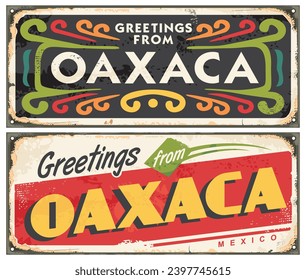 Saludos desde Oaxaca México, plantillas de carteles de lata vintage con letras creativas. souvenir retro de las ciudades mexicanas. Diseño de postales vectoriales de viajes y vacaciones.