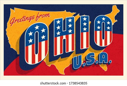Greetings from Ohio USA. Retro postcard with patriotic stars and stripes lettering and United States map in the background. Vector illustration.